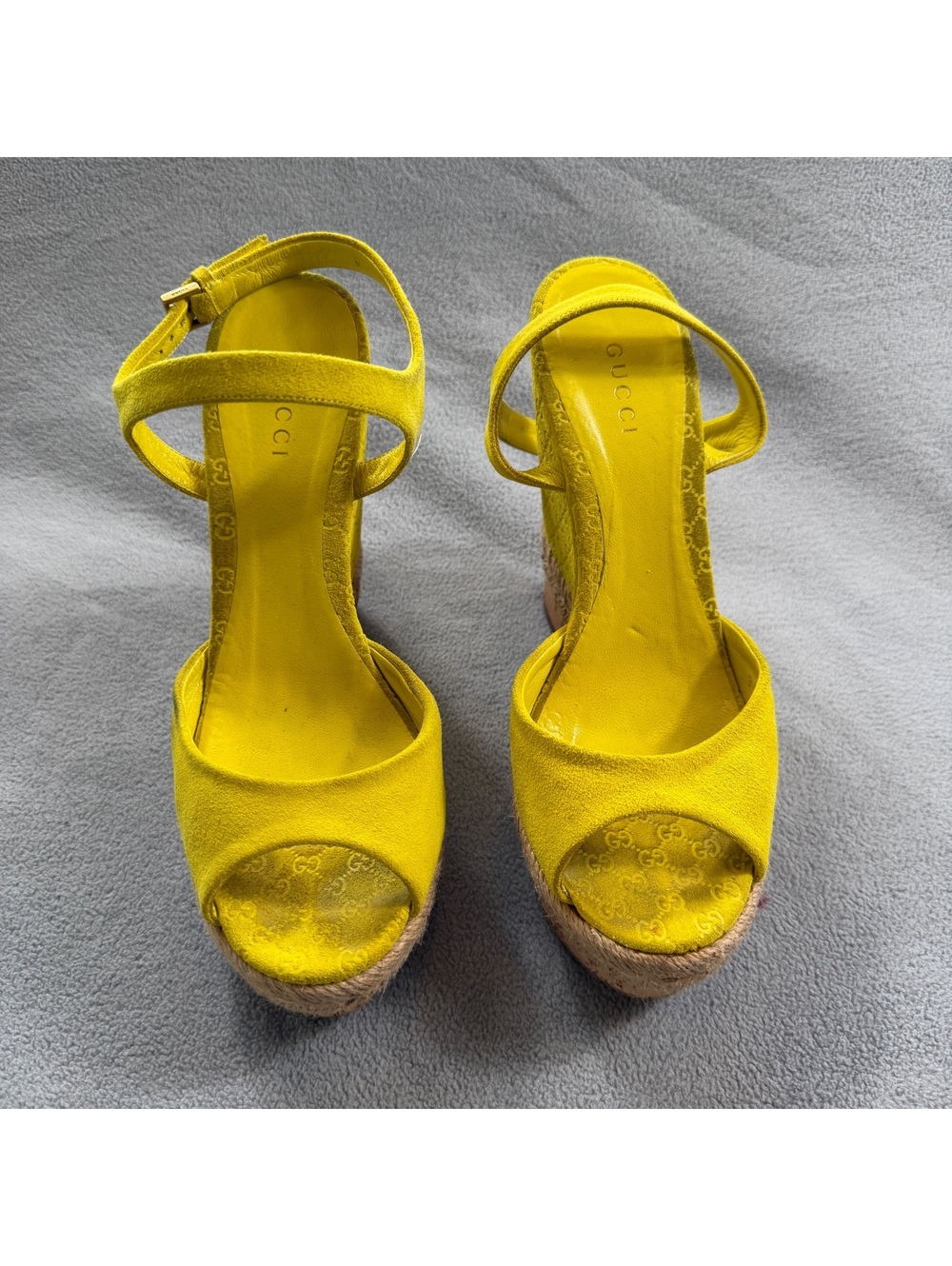 Gucci Microguccissima Yellow Suede Espadrille Platform Wedge Sandals 36.5 - Picture 7 of 13